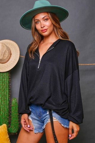 Ribbed Knit Zip Hoodie - Livie James Boutique
