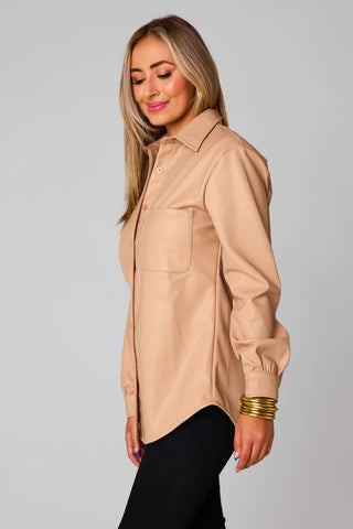 Tan Vegan Leather Shirt - Livie James Boutique