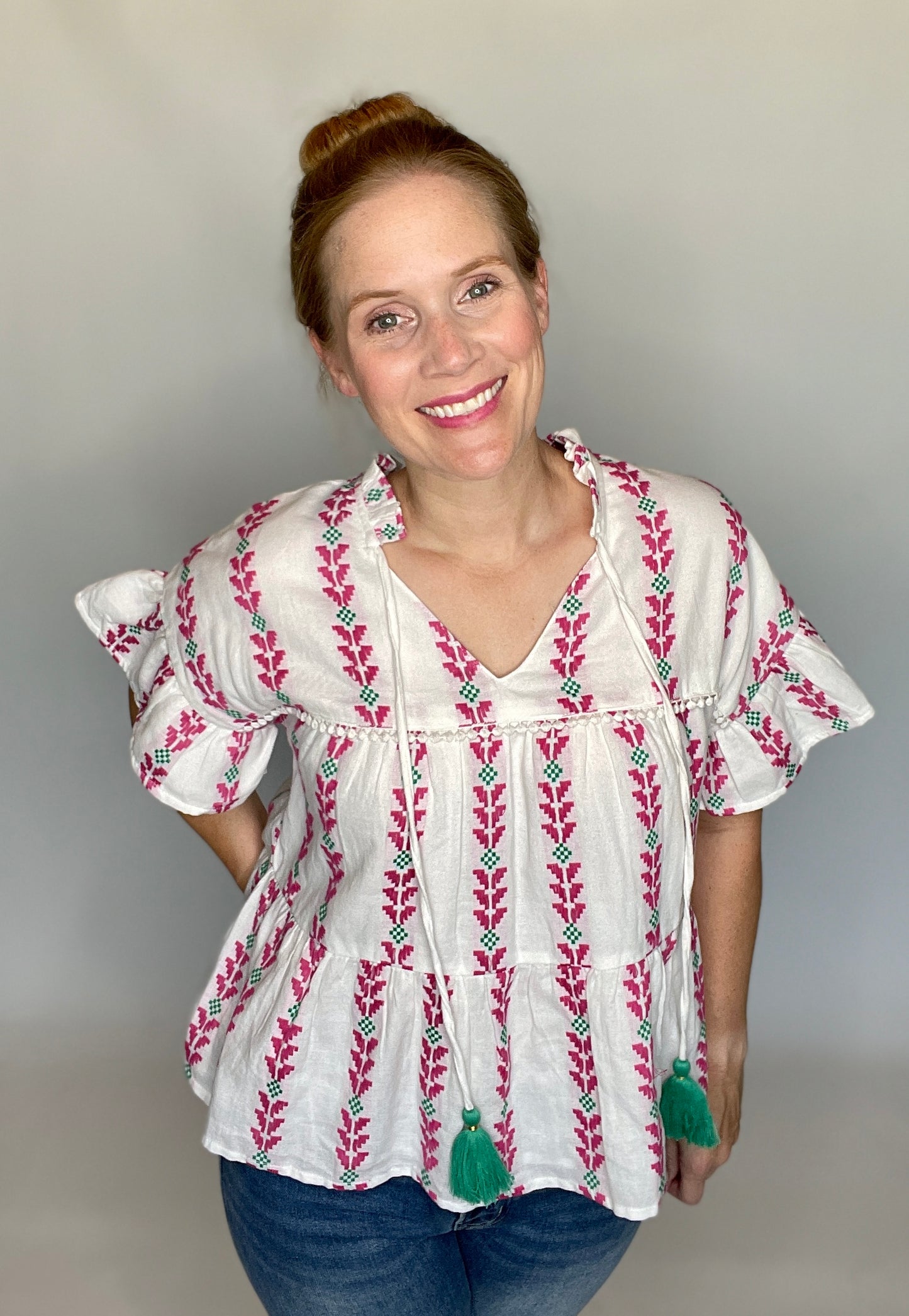 Pink Embroidered Tiered Top