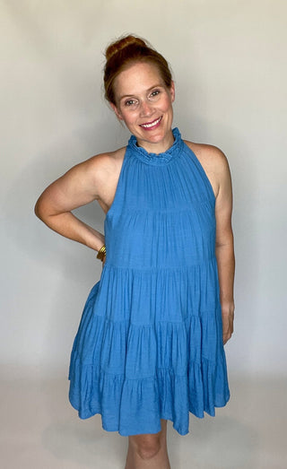 Blue Halter Tiered Dress - Livie James Boutique
