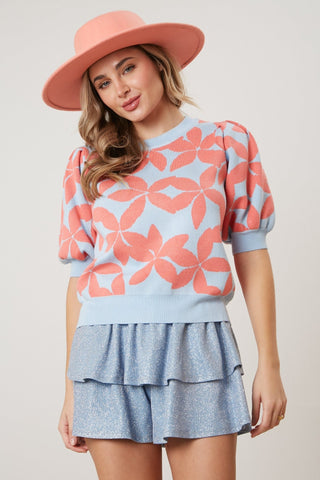 Coral Flowers Puff Sleeve Sweater Top - Livie James Boutiqueshirt