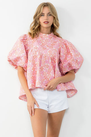 #Elizabeth Floral Puff Sleeve Textured Top_Livie_James_Boutique##shirt#
