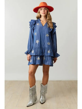 Lone Star Foil Chambray Long Sleeve Dress - Livie James Boutiquedress