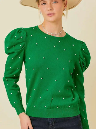 Lucky Green Rhinestone Puff Sleeve Sweater - Livie James Boutiquesweater